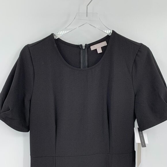 Chelsea 28 pleat sleeve black sheath shift midi dress crepe front slit new Large - Picture 4 of 6